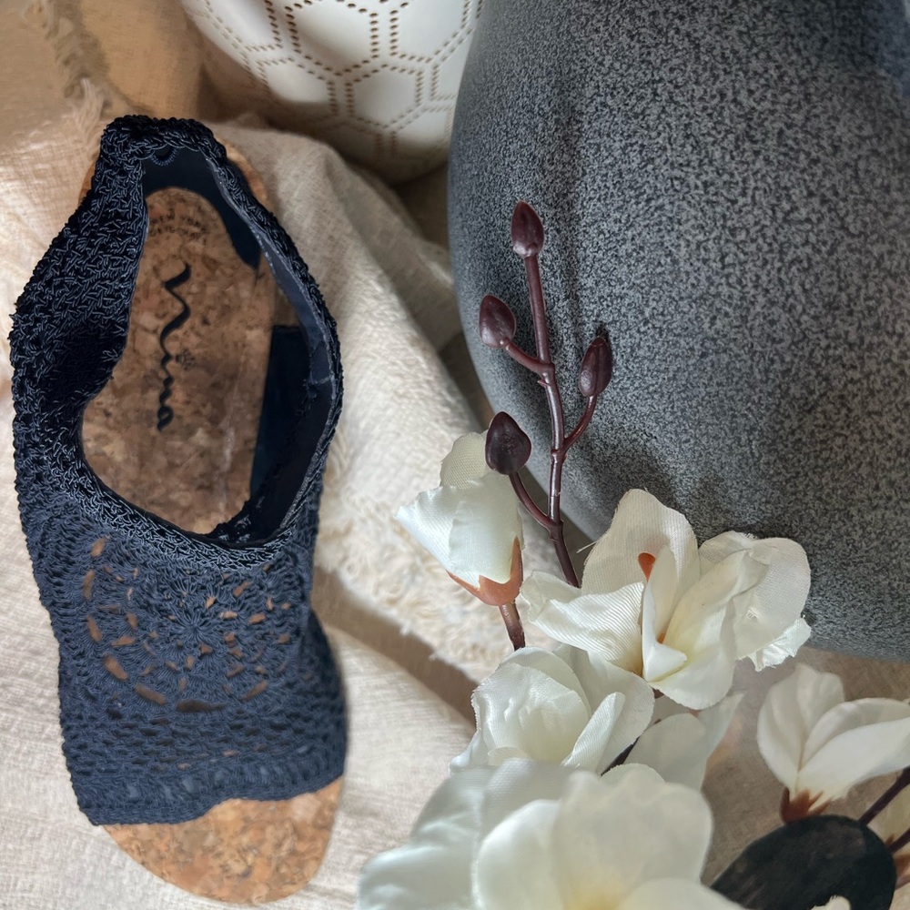 Nina NEVAEH Navy Crochet Wedge Sandals - Picture 2 of 11